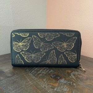 Avenue 9 Black Clutch Wallet/Wristlet with Gold Butterfly Detail